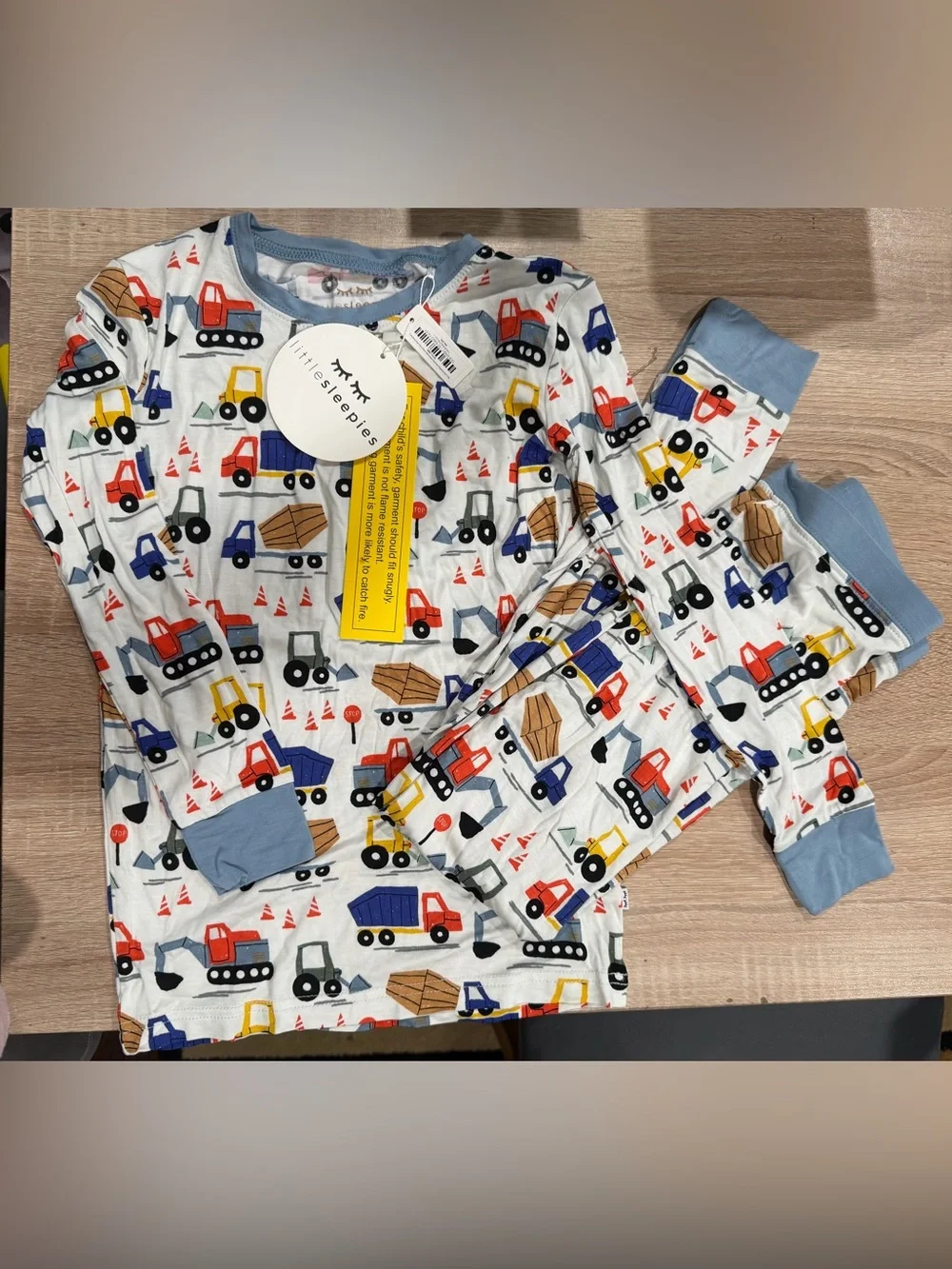 Little Sleepies White Construction Trucks Pajama Set with Blue Trim